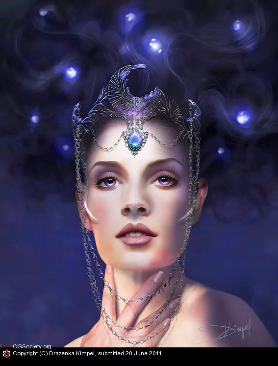 Fantasy portrait of a woman with swirling dark hair, glowing blue orbs, and an ornate silver circlet and chains centered by a luminous sapphire.
