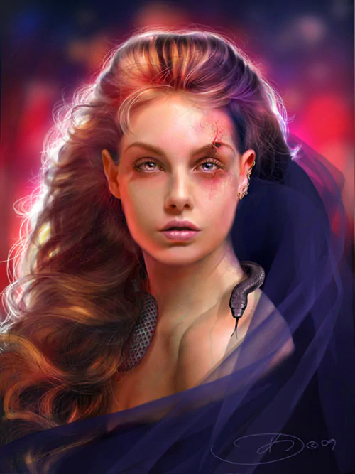 A fantasy portrait of a woman with long, flowing hair, showcasing a fierce expression. A snake coils around her neck, adding an intriguing element to her captivating allure.