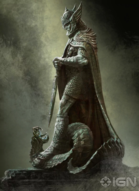 A towering, menacing statue of a horned figure in armor, wielding a sword, stands beside a coiling serpent, evoking a chilling atmosphere of horror.