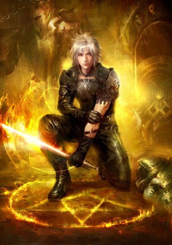 A fantasy warrior kneels in a fiery scene, wielding a glowing sword. Dressed in dark armor, he embodies strength and mystique, surrounded by an otherworldly atmosphere.