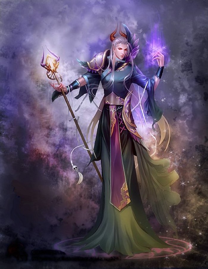 A powerful mage draped in elaborate robes holds a staff, casting a spell with swirling magical energy, set against a mystical, swirling background.