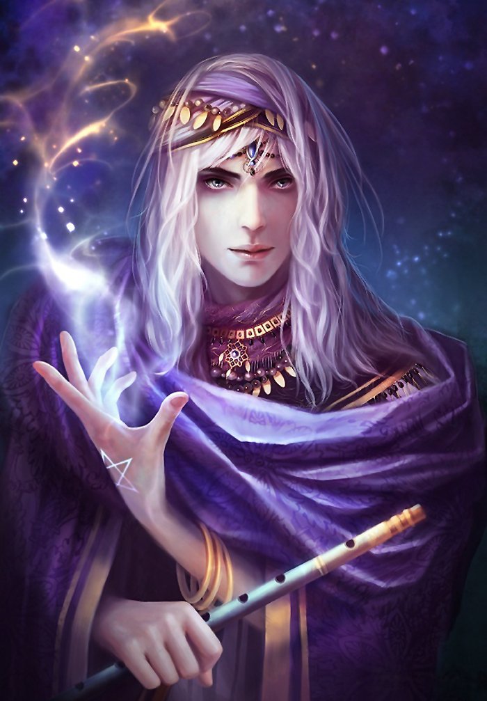A mystical figure with long, flowing hair and regal attire, conjuring magical energy with one hand while holding a flute, embodying the essence of fantasy and magic.