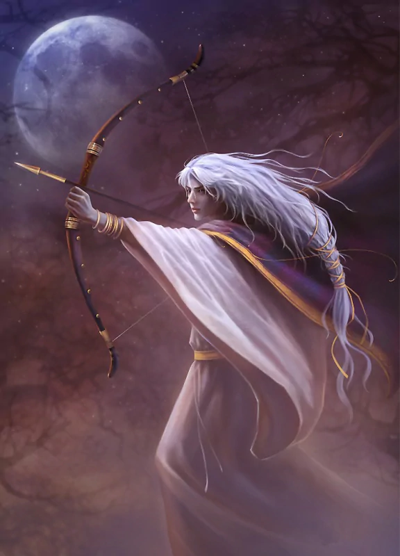 A fantasy depiction of Artemis, the mythology deity, with long white hair, poised as a warrior, drawing an arrow under a full moon amidst a mystical forest backdrop.