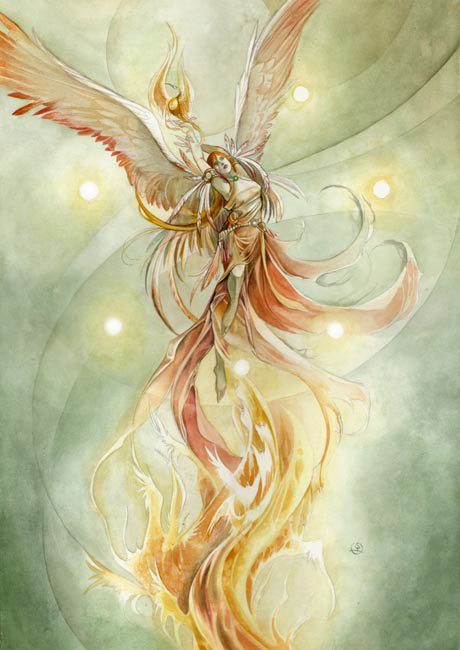 A beautifully rendered watercolor illustration of an ethereal figure with wings, gracefully surrounded by flowing colors and luminous orbs, evoking a sense of serenity and wonder.