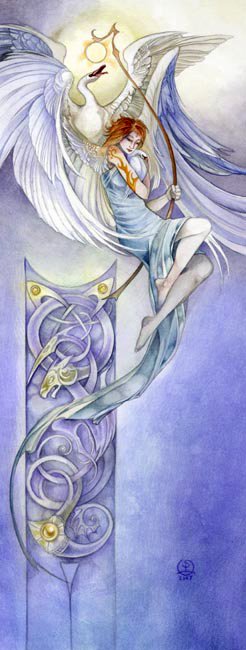 A graceful angel with flowing hair holds a staff, surrounded by a soft watercolor backdrop featuring intricate Celtic knot patterns. The ethereal scene captures a sense of serenity and artistry.