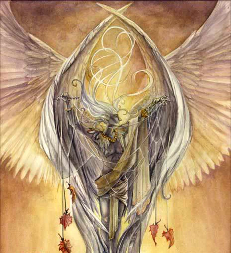 A watercolor artwork of an angel with flowing hair and wings, delicately holding threads adorned with leaves, creating a serene and ethereal atmosphere.