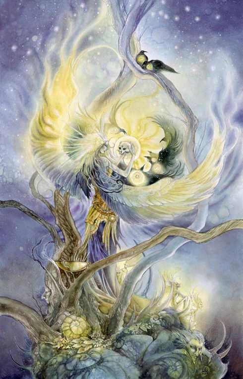 A mystical watercolor scene featuring ethereal figures intertwined among twisting branches, surrounded by soft, luminous hues of yellow and blue, evoking a dreamy atmosphere.