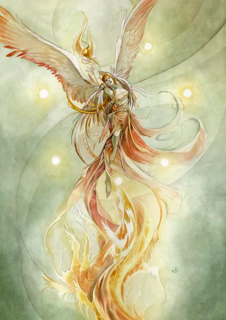 A beautifully rendered watercolor illustration of an ethereal figure with wings, gracefully surrounded by flowing colors and luminous orbs, evoking a sense of serenity and wonder.