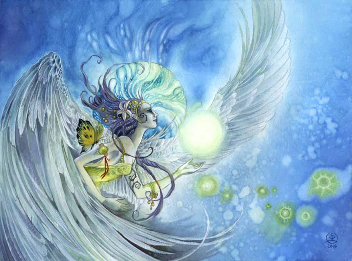 A graceful angel with flowing hair and intricate wings, surrounded by a dreamy watercolor backdrop, gently holds a glowing orb, evoking a sense of serenity and wonder.