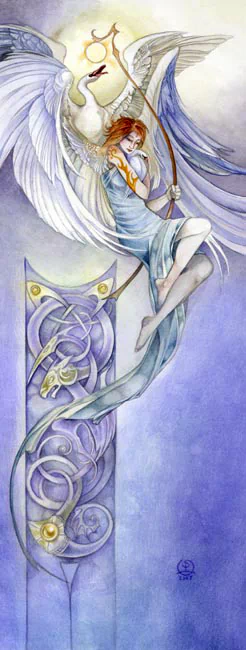 A graceful angel with flowing hair holds a staff, surrounded by a soft watercolor backdrop featuring intricate Celtic knot patterns. The ethereal scene captures a sense of serenity and artistry.