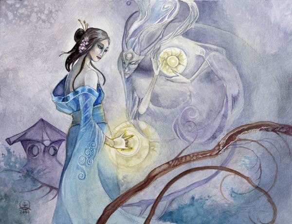 A watercolor artwork depicting a serene woman in a flowing blue dress, interacting with a mystical figure, surrounded by soft colors and ethereal elements.