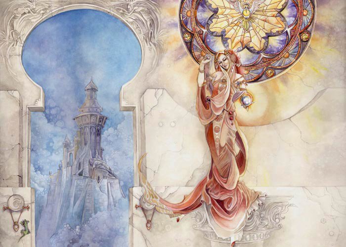 A graceful figure adorned in flowing robes stands before a vivid watercolor backdrop, featuring a Celtic knot design and a distant castle, creating a serene and mystical atmosphere.