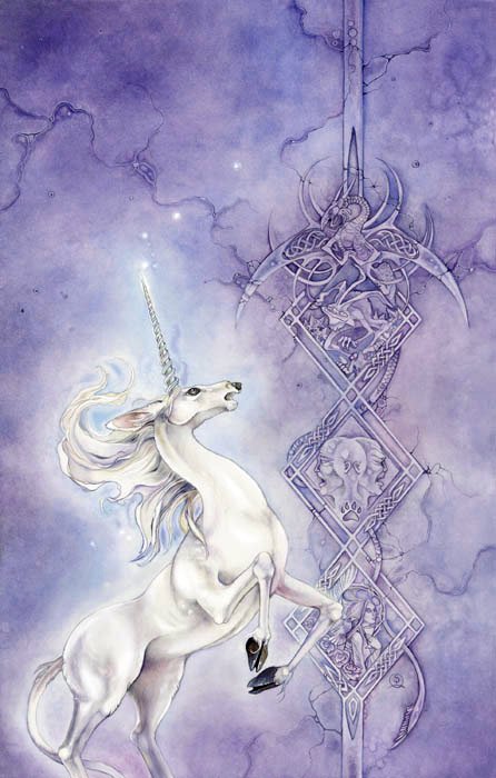 A watercolor illustration features a majestic unicorn standing beside an intricate Celtic knot design, set against a dreamy purple background.
