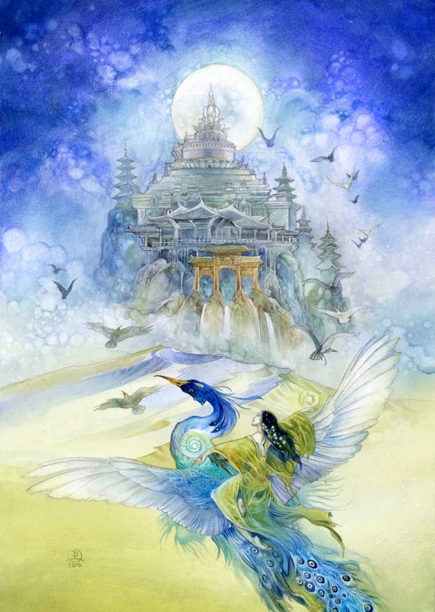 A vibrant watercolor scene features a majestic palace atop a hill, surrounded by flying birds and a glowing moon, with a colorful peacock and enchanting figures soaring in the foreground.