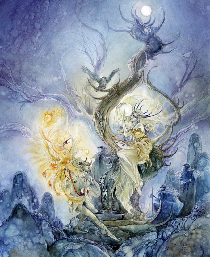 A mystical watercolor painting depicting ethereal figures surrounded by twisted trees and celestial elements, creating a dreamy, enchanting atmosphere.