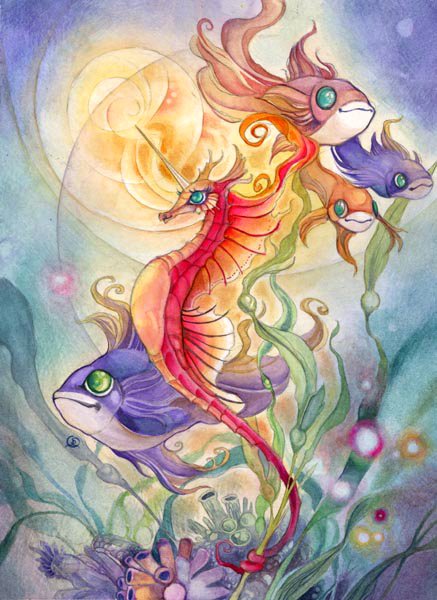A vibrant watercolor painting featuring a fantastical seahorse entwined with colorful fish, surrounded by swirling seaweed and bubbles, capturing an enchanting underwater scene.
