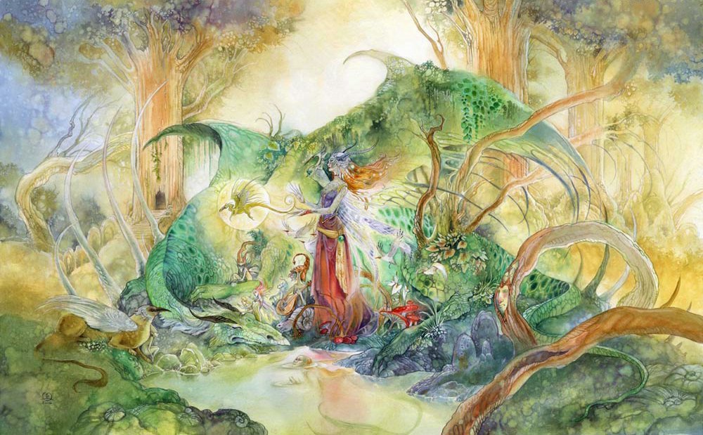 A vibrant watercolor scene depicts a mystical figure amidst lush greenery and fantastical creatures, conveying a sense of enchantment and harmony with nature.
