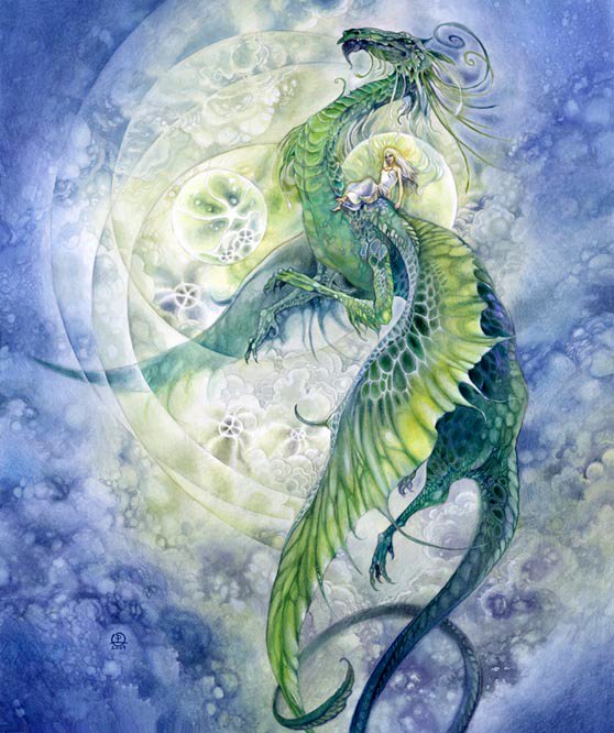 A majestic green dragon elegantly winds through swirling mist, depicted in vibrant watercolor. A figure rides atop, surrounded by ethereal, glowing orbs.