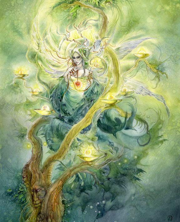A mystical figure surrounded by luminous orbs emerges from a twisting tree, illustrated in vibrant watercolor tones of green and gold, evoking a sense of enchantment and nature's spirit.