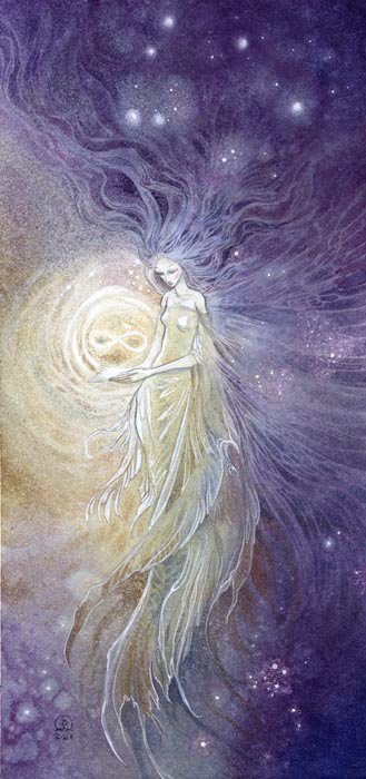 A mystical figure with flowing hair and a flowing gown hovers in a starry, watercolor cosmos, holding a swirling symbol of infinity, embodying ethereal beauty and grace.