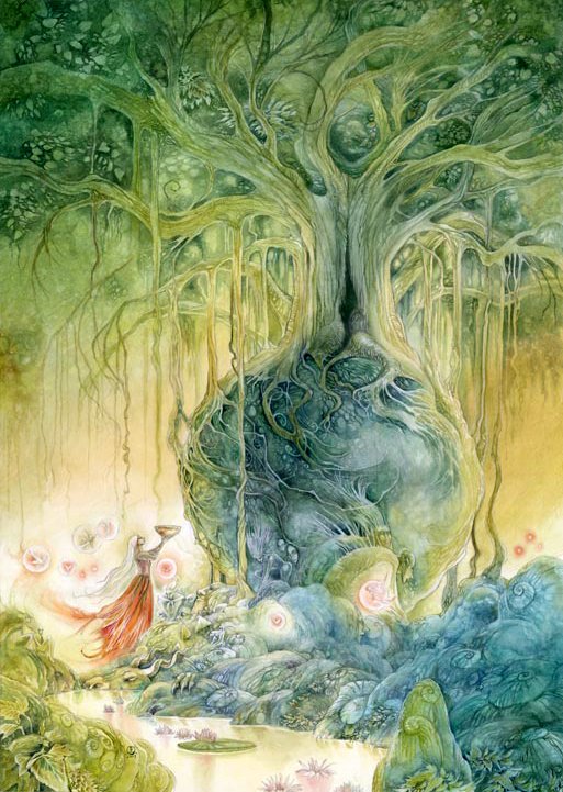 A serene watercolor artwork featuring a mystical tree with sprawling branches, surrounded by lush greenery and a figure gently interacting with the enchanting environment.