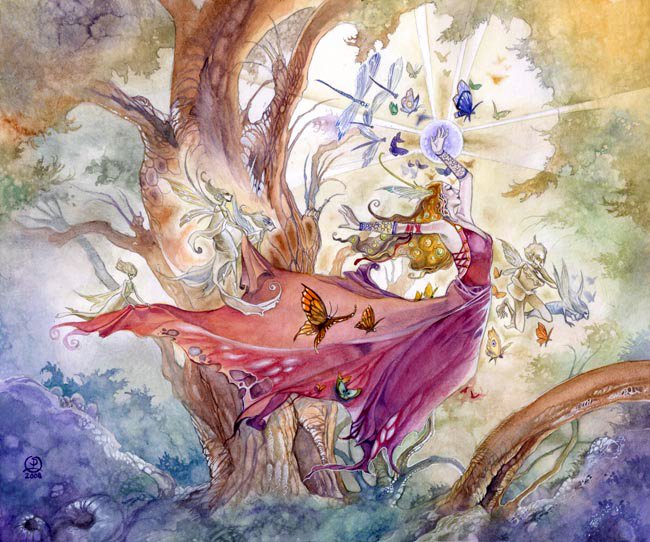 A whimsical watercolor scene depicts a graceful figure in a flowing red dress amidst a vibrant, enchanted forest filled with fairies and butterflies.