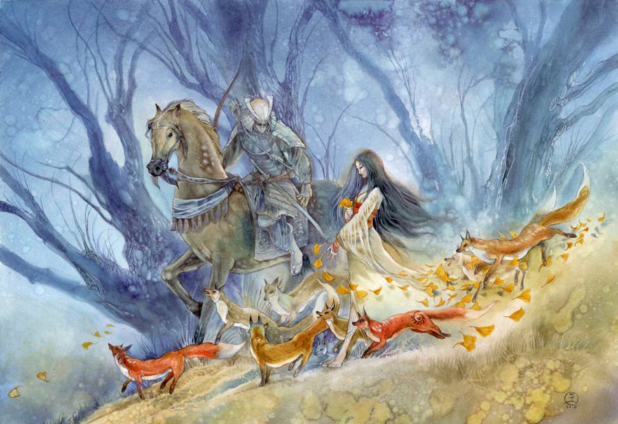 A watercolor scene depicts a samurai on horseback, accompanied by a figure in a flowing dress and a group of vibrant foxes, embodying themes of nature and folklore.