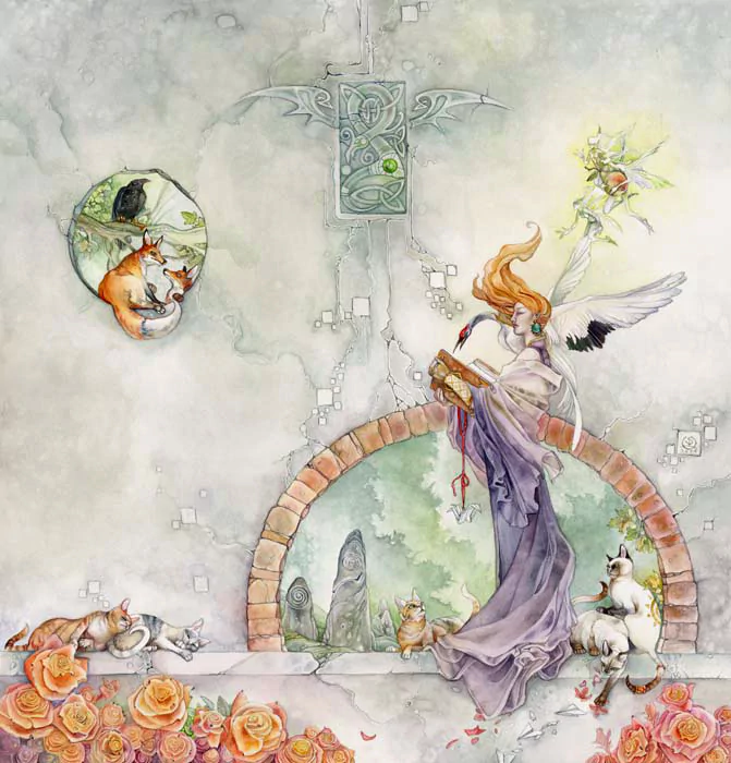 A whimsical watercolor artwork featuring a Celtic knot, a cat, and a fox. An ethereal figure with wings interacts with the scene, surrounded by roses and enchanting greenery.