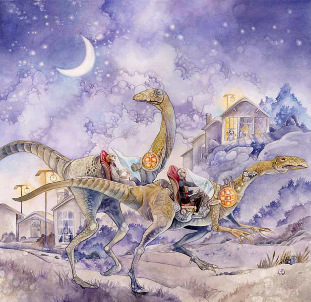 A whimsical watercolor painting features dinosaurs, depicted with riders, traversing a dreamy landscape under a crescent moon and beside quaint houses.