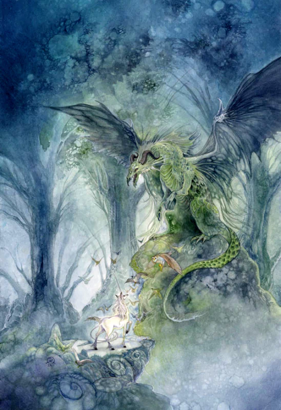 A majestic dragon depicted in artistic watercolor, surrounded by mystical trees, stands guard over a serene scene featuring a unicorn and other enchanting creatures.
