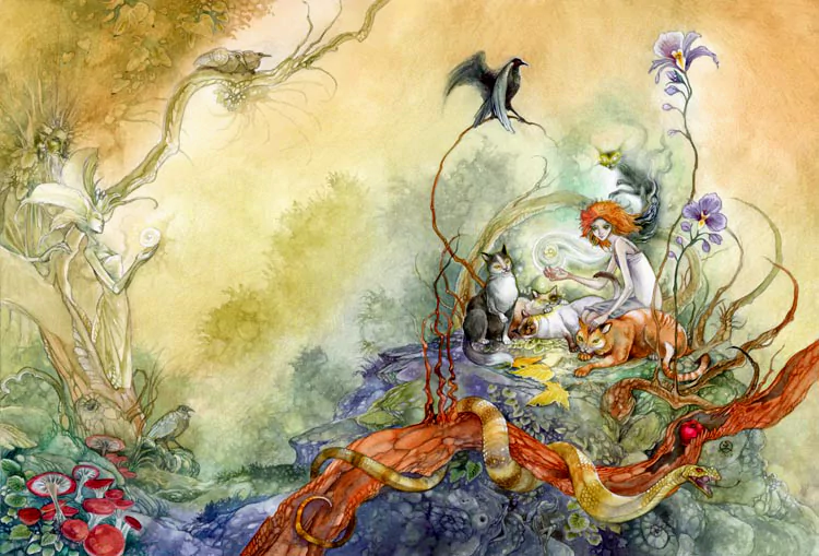 A whimsical watercolor scene features a girl surrounded by cats, flowers, and nature, creating an enchanting atmosphere filled with creativity and warmth.
