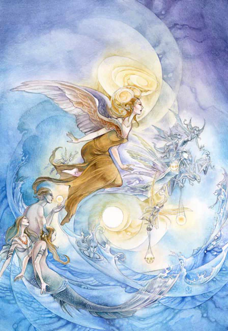 An artistic watercolor illustration featuring a merman, fairy with angel wings, and a mermaid, all intertwining within a mystical water scene.