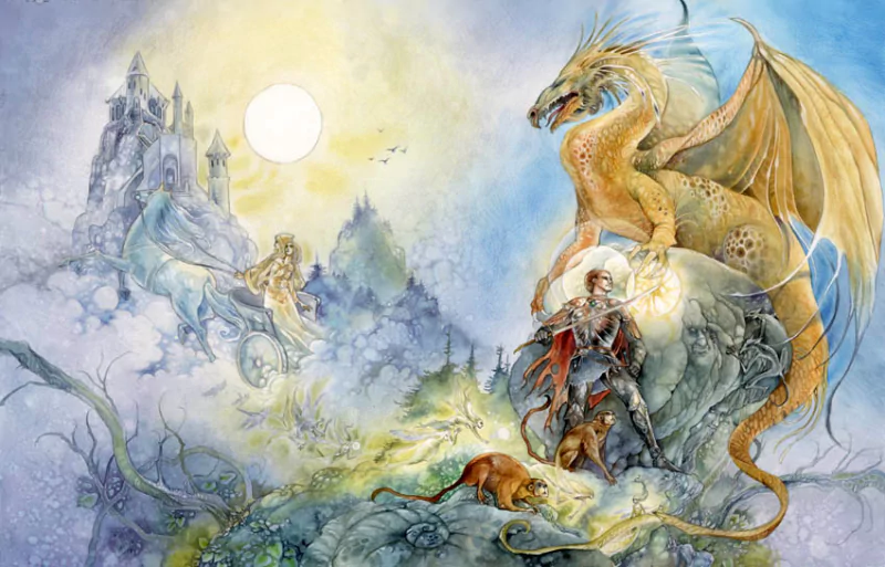 A knight stands bravely beside a dragon in this artistic watercolor, with a mystical landscape and castle in the background, evoking a sense of adventure and fantasy.