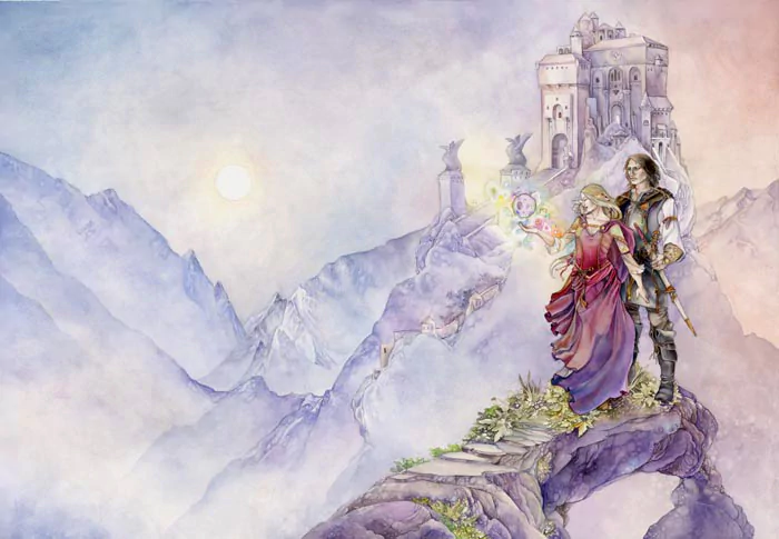A watercolor illustration depicts a couple standing on a rocky path, overlooking mountains and a distant castle, enveloped in a dreamy atmosphere with soft pastel hues.