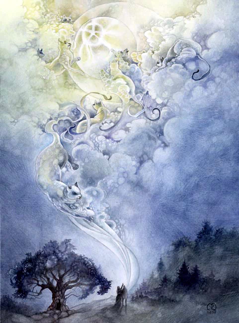 A whimsical watercolor painting features ethereal figures and swirling clouds above a silhouette of a tree and figure, blending elements of nature and fantasy in soft, dreamy hues.