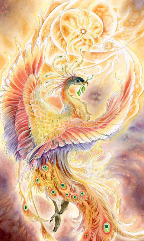 A vibrant watercolor depiction of a majestic phoenix, adorned with colorful feathers and intricately designed patterns, symbolizing rebirth and beauty.