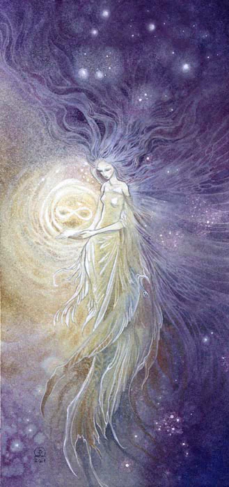 A mystical figure with flowing hair and a flowing gown hovers in a starry, watercolor cosmos, holding a swirling symbol of infinity, embodying ethereal beauty and grace.