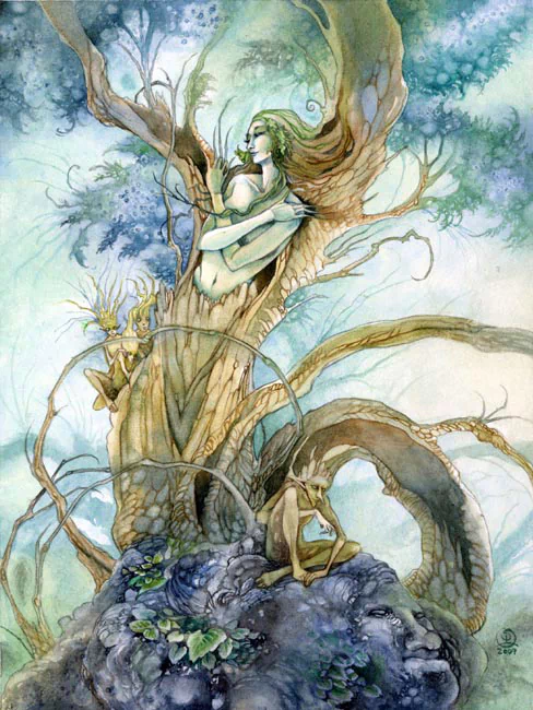 A serene watercolor scene featuring ethereal beings intertwined with a majestic tree, showcasing delicate colors and intricate details that evoke a magical, natural atmosphere.