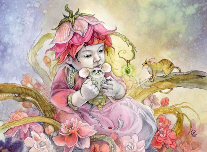 A child with a floral headdress sits among colorful flowers, holding a small creature, while a mouse and another small animal watch nearby, all rendered in soft watercolor hues.