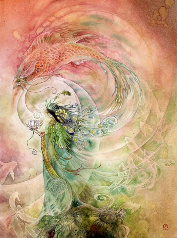 A whimsical watercolor artwork depicting a figure surrounded by ethereal elements, interacting with a vibrant fish in a harmonious swirl of colors and textures.