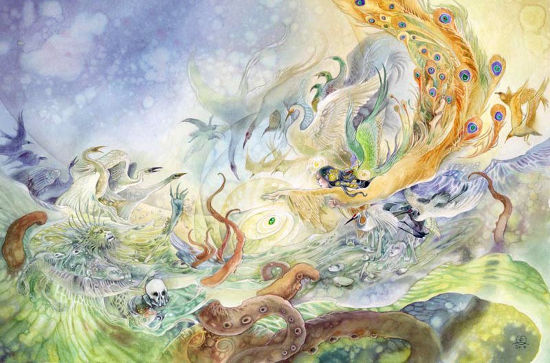A vibrant watercolor artwork featuring ethereal sea creatures, swirling colors, and a peacock, blending mystical elements with an underwater scene. 