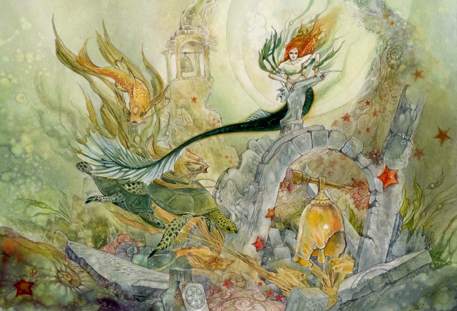 An artistic watercolor scene features a mermaid surrounded by a starfish, a sea turtle, and colorful fish, set against an enchanting underwater background.