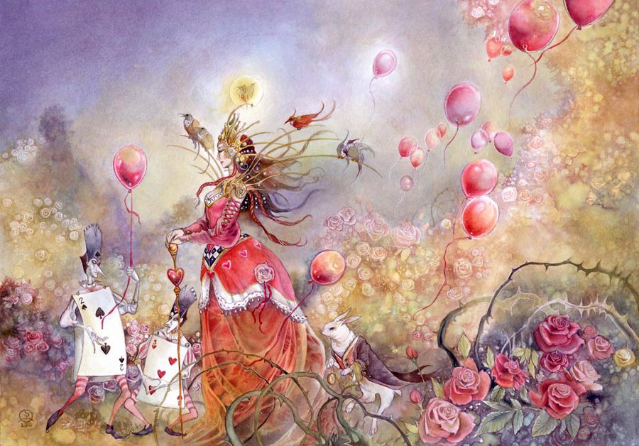 A whimsical watercolor scene featuring Alice from Alice in Wonderland with the White Rabbit. The vibrant setting includes floating balloons, flowers, and playing cards, capturing a dreamlike atmosphere.