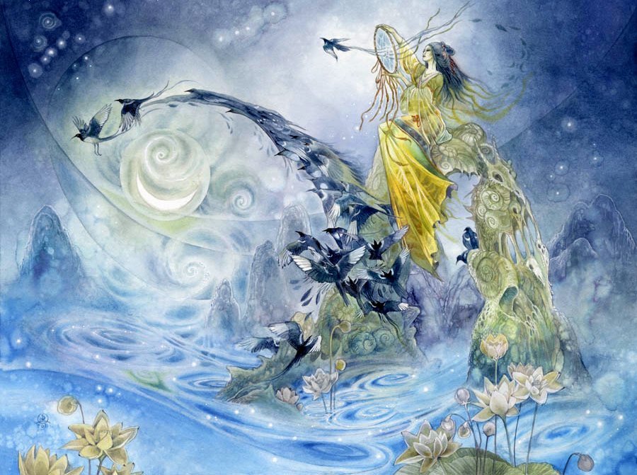 A whimsical watercolor scene features a graceful figure in a flowing yellow dress, surrounded by swirling waters and fish, amid serene mountains and blooming lotus flowers.
