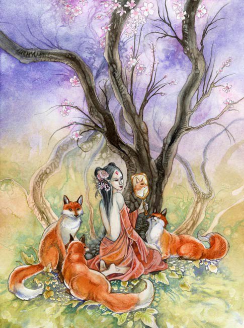 A watercolor artwork featuring a serene scene of a woman in traditional attire surrounded by foxes under a blossoming tree, evoking a mystical kitsune atmosphere.