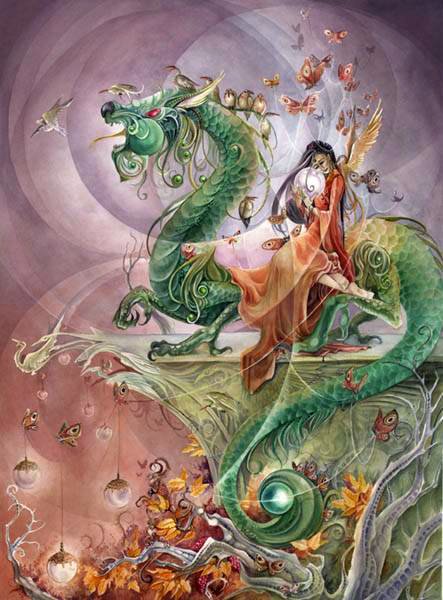 A vivid watercolor artwork featuring a dragon entwined with a figure, surrounded by delicate butterflies and ethereal elements, capturing a mystical and enchanting scene.