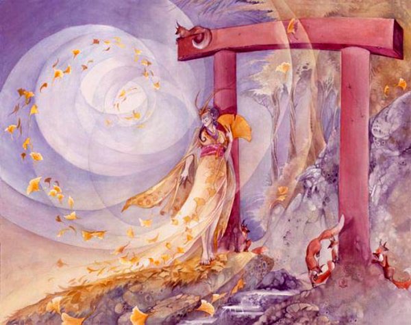 A watercolor artwork featuring a graceful figure near a torii gate, surrounded by swirling leaves and foxes, embodying the mystical essence of kitsune.