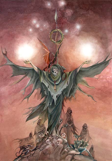 A mystical figure in flowing robes raises glowing orbs, surrounded by somber figures, in this captivating watercolor artwork, blending emotion and fantasy.