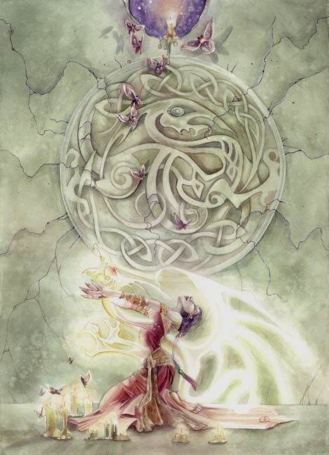 An artistic watercolor depicting a figure surrounded by candles, reaching towards a large Celtic knot design, adorned with butterflies and ethereal elements.