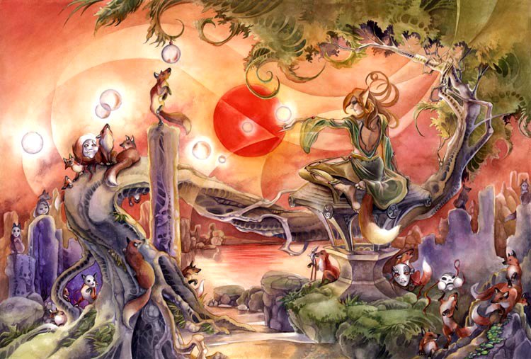 A vibrant watercolor scene depicting a kitsune amidst whimsical trees and foxes, infused with a red sun and playful spirits, blending nature and fantasy in a mystical landscape.